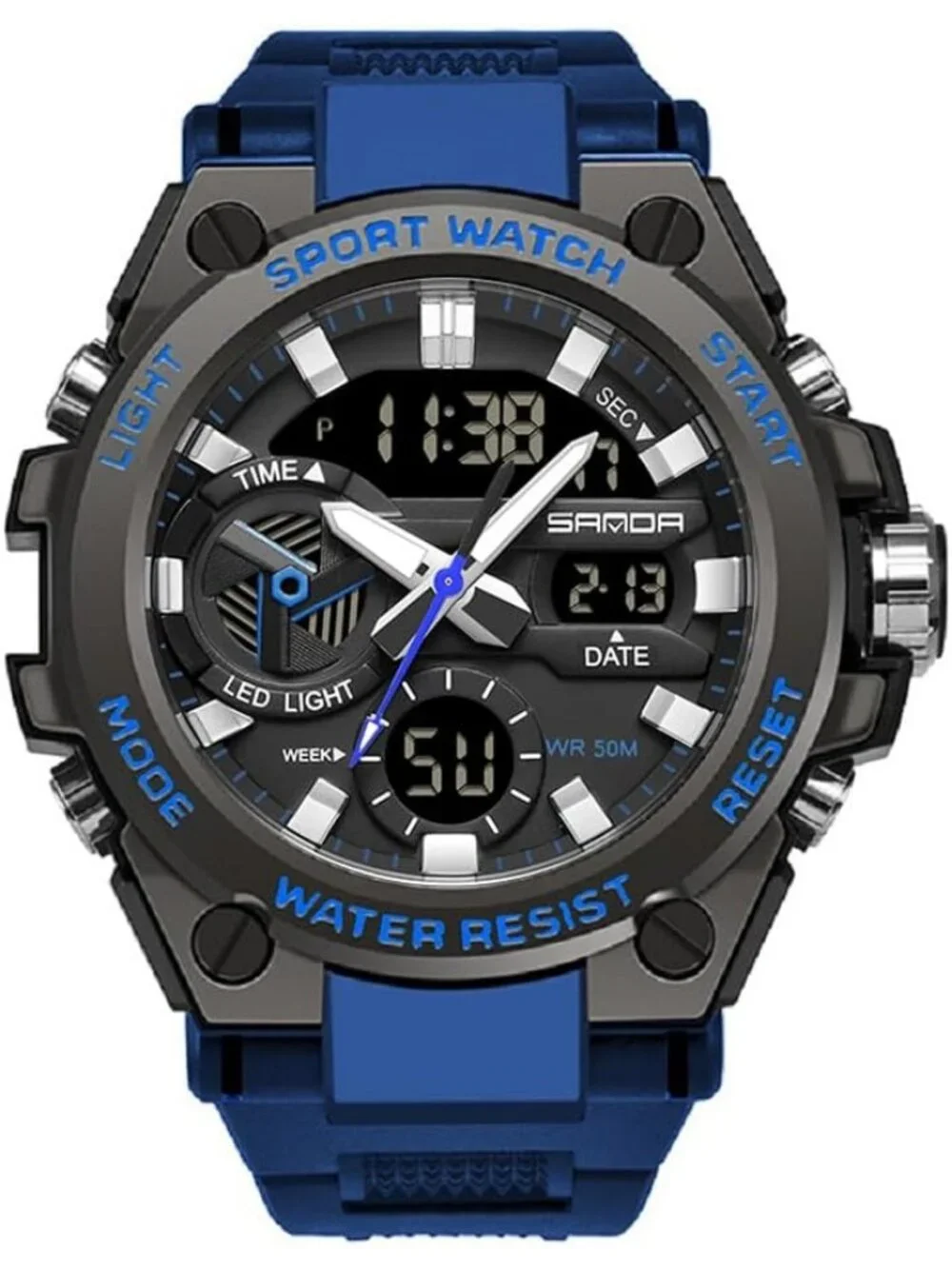 Men's Blue Analog Quartz Sports Outdoor Waterproof Military LED Digital Watch